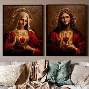 Heiligstes Herz von Jesus & Unbeflecktes Herz von Maria - Christliche Leinwand Wandkunst, katholische Dekoration, religiöses Geschenk für Haus oder Kapelle