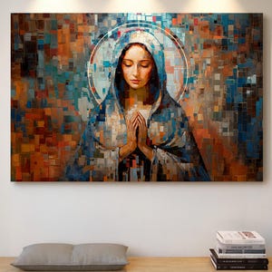 Virgin Mary Abstract Grid Design – Catholic Canvas Wall Art – Modern Religious Artwork for Prayer Room, Chapel, or Home Decor Blessed Virgin