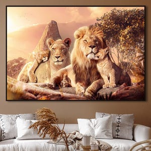 Famiglia di leoni con 2 cuccioli / Arte della fauna selvatica per decorazioni da safari / Decorazioni murali per la famiglia / Poster di animali con primo piano di leoni / Tela con animali selvatici per amanti dei leoni
