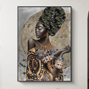 Modern African Art Black Woman Canvas, Abstract African Portrait, African Beauty Sketch, African Fashion Painting, Gold and White poster
