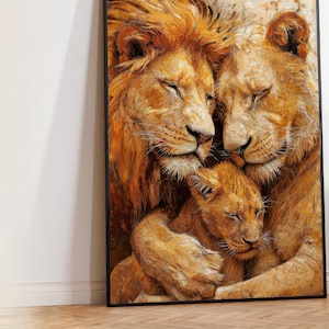 Accogliente famiglia di leoni / Arte della fauna selvatica per decorazioni da safari / Decorazione da parete per la famiglia / Poster di animali con primo piano di leoni / Arte murale su tela con animali selvatici amanti dei leoni