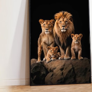 Lienzo con arte de familia de leones / Arte de vida salvaje para decoración de safari / Decoración de pared familiar / Póster de animales de primer plano de leones / Lienzo de vida salvaje para amantes de los leones