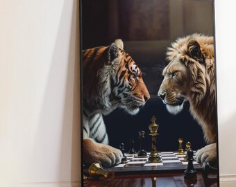 Lion and Tiger Chess Game Canvas Print, Beast Wall Art