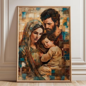 Holy Family Abstract Grid Art Frame - Modern Sacred Family Wall Decor - Minimalist Christian Canvas - Faith-Based Religious Art Print