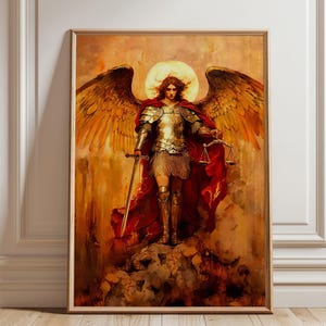 May include: A painting of an angel with golden wings and armor, holding a sword and scales. The angel is standing on a rocky outcrop, with a red cape flowing behind them. The background is a golden and orange sky.