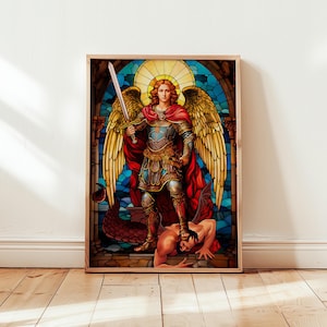 Erzengel Michael, Glasmalerei-Druck, gotische religiöse Wandkunst (Leinwand)
