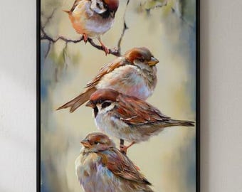 Earthy Sparrow Art Print | Warm Toned Bird Nature Wall Decor | Rustic Farmhouse Painting