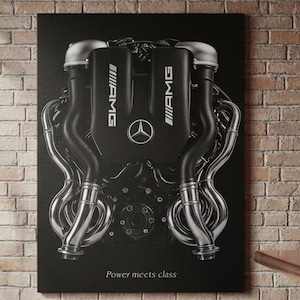 May include: Black and white canvas print of an AMG engine, with the text "Power meets class" at the bottom. The print is displayed on a brick wall, with a bar and stools in the foreground.