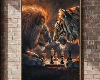 Lion vs Tiger Chess Art Print | Wildlife Battle Decor