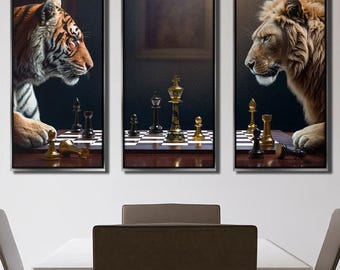 Tiger vs Lion Chess Art – 3-Piece Canvas, Motivational Office Decor