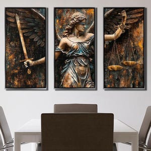 Angel of Justice Frame | Themis 3-Piece Wall Art | Lady Justice Canvas Print | Law Office Wall Decor | Legal Symbol Artwork