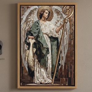 May include: Framed mosaic art depicting an angel holding a fish and a golden staff. The angel wears a white robe and green cloak, with a gold halo and large white wings. The artwork is in a wooden frame and hangs on a neutral-colored wall.