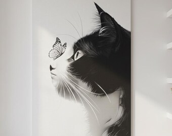 Impresión artística de retrato de gato surrealista / Felino místico, mariposa