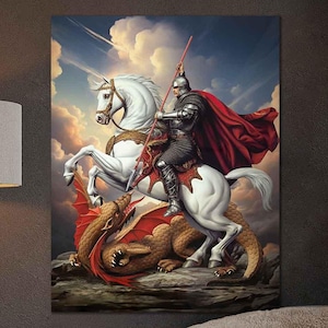 Quadro su tela raffigurante San Giorgio – Dipinto raffigurante un cavaliere eroico che uccide un drago, simbolo di coraggio, fede e trionfo sull'oscurità, regalo per casa e ufficio.