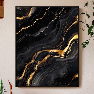 Vene dorate – Arte murale astratta in marmo dorato su tela nera / Cornice metallica moderna di lusso / Decorazione per la casa glamour