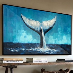 Majestic Whale Tail Canvas Wall Art – Ocean Animal Painting – Blue Sea Coastal Decor – Nautical Marine Life Artwork for Home or Office