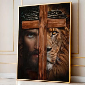 Jesus and Lion Canvas Print – Majesty and Divinity Artwork – Christian Wall Decor – Lion of Judah Art – Faith, Strength & Spiritual Power