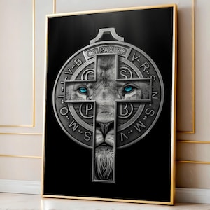 Löwe von Jejuda und Heiliger Benedikt Medaillenmalerei - Christliche Glaubens Wandkunst - Religiöse Leinwand - Spiritueller Schutz Wohnkultur