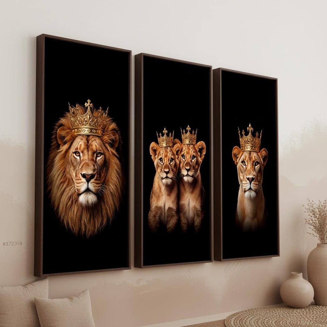 Crowned Lion Family Canvas Print | Majestic Animal Portrait - Etsy