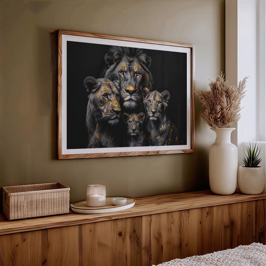 Golden Lion Family Canvas Print | Black & Gold Abstract Wall Art - Etsy