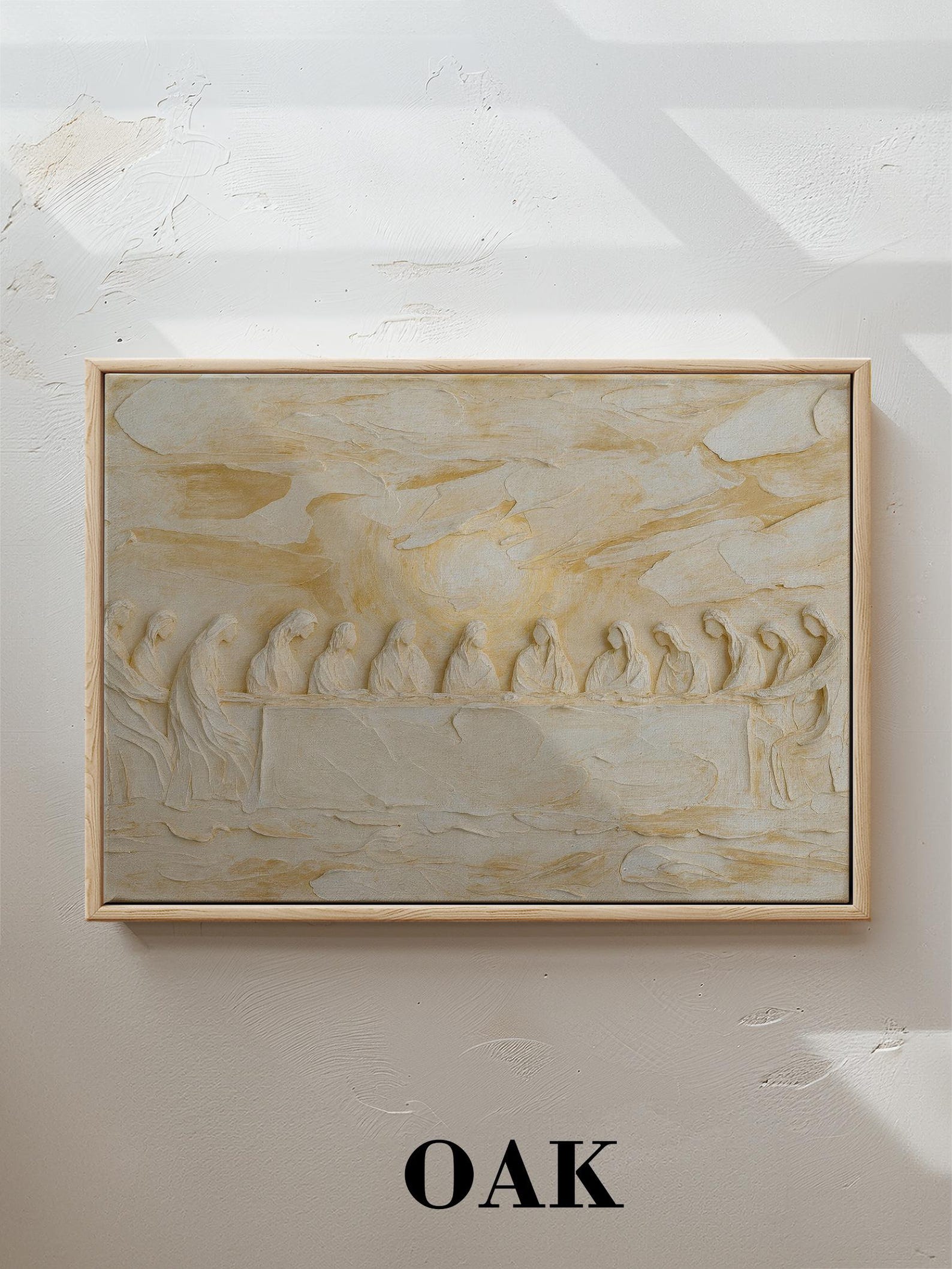 Last Supper Relief Sculpture | Cream & Gold Religious Wall Art - 24x36 inch - 60x90cm, Canvas Framed Oak