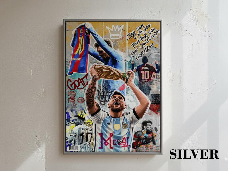 Football Champion Argentina Champion Canvas Art, Soccer Legend Wall Decor Poster Canvas Framed Silver