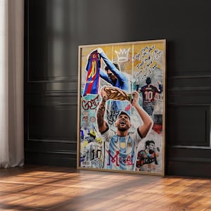 Colorful Messi tribute artwork on stretched canvas for hanging