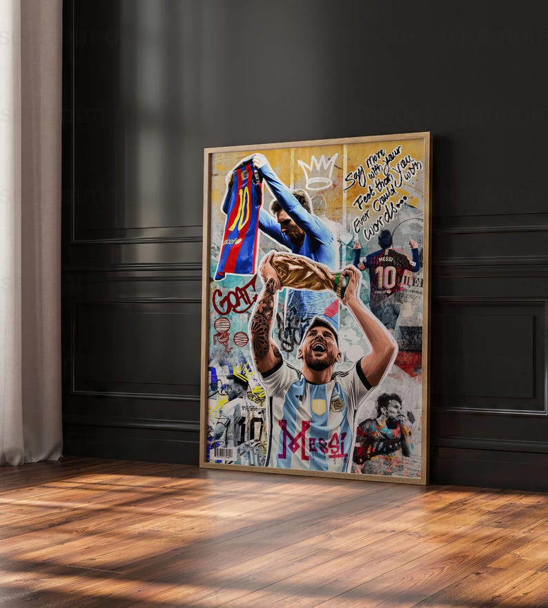 Colorful Messi tribute artwork on stretched canvas for hanging
