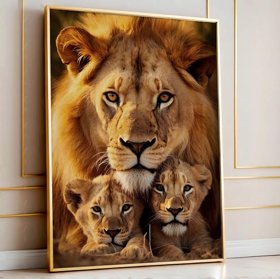 Lion Family Canvas Print – Majestic Father and Cubs Wildlife Wall