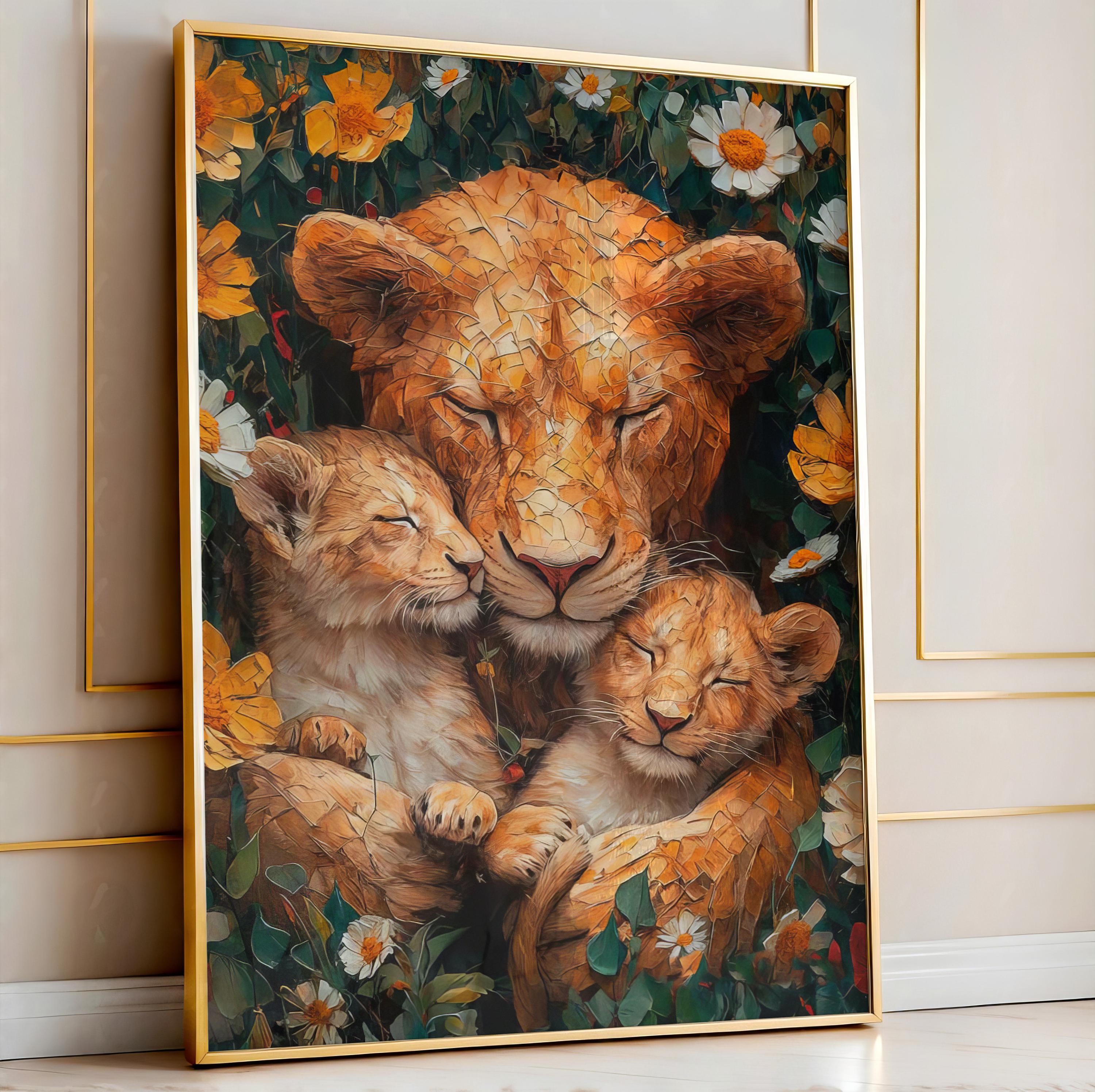 ライオンと子ライオンのキャンバスプリント – 優しい家族の野生動物