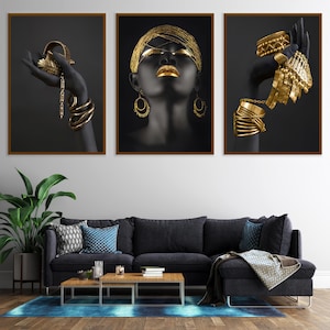 Black Woman Portrait Canvas, Gold & Silver Accent Wall Art