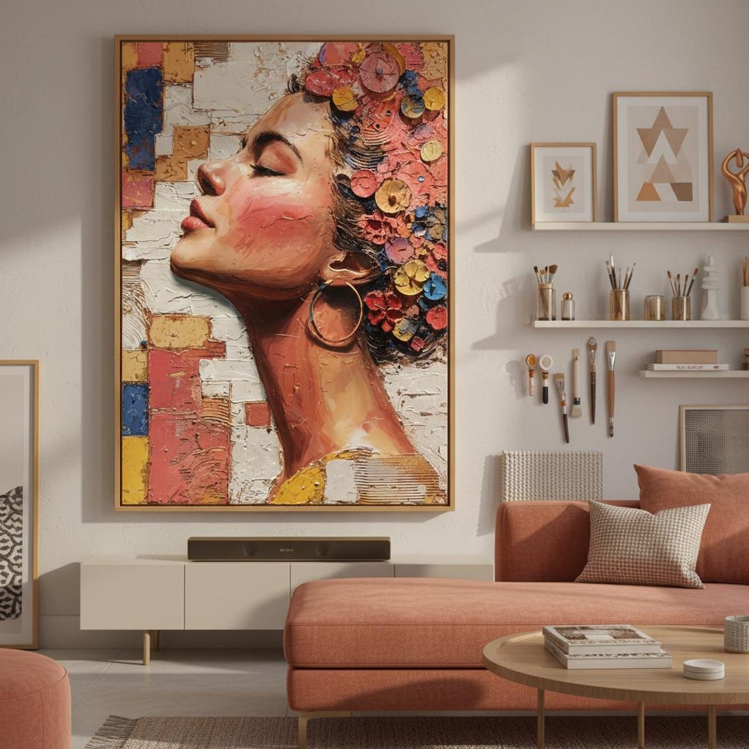 Textured Impasto Woman Portrait Art Print, Bold Floral Hair, Painterly ...