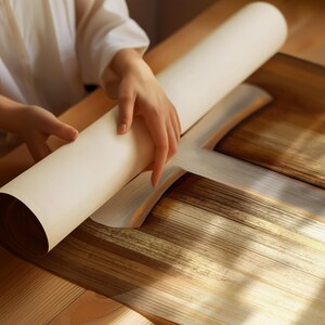 K&ouml;nnte beinhalten: Ein aufgerolltes, cremefarbenes Papier wird von H&auml;nden &uuml;ber einer Holzoberfl&auml;che gehalten. Die Rolle ist zylindrisch, und das Holz hat einen nat&uuml;rlichen, warmen Ton mit sichtbarer Maserung. Die Szene deutet auf ein Handwerks- oder Kunstprojekt hin.