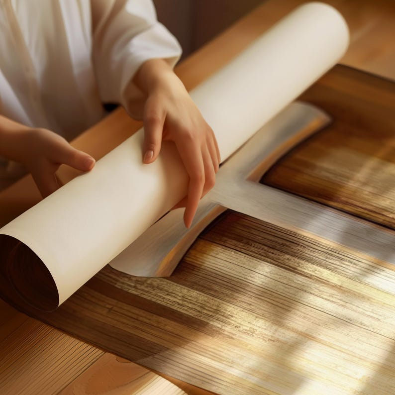 K&ouml;nnte beinhalten: Ein aufgerolltes, cremefarbenes Papier wird von H&auml;nden &uuml;ber einer Holzoberfl&auml;che gehalten. Die Rolle ist zylindrisch, und das Holz hat einen nat&uuml;rlichen, warmen Ton mit sichtbarer Maserung. Die Szene deutet auf ein Handwerks- oder Kunstprojekt hin.