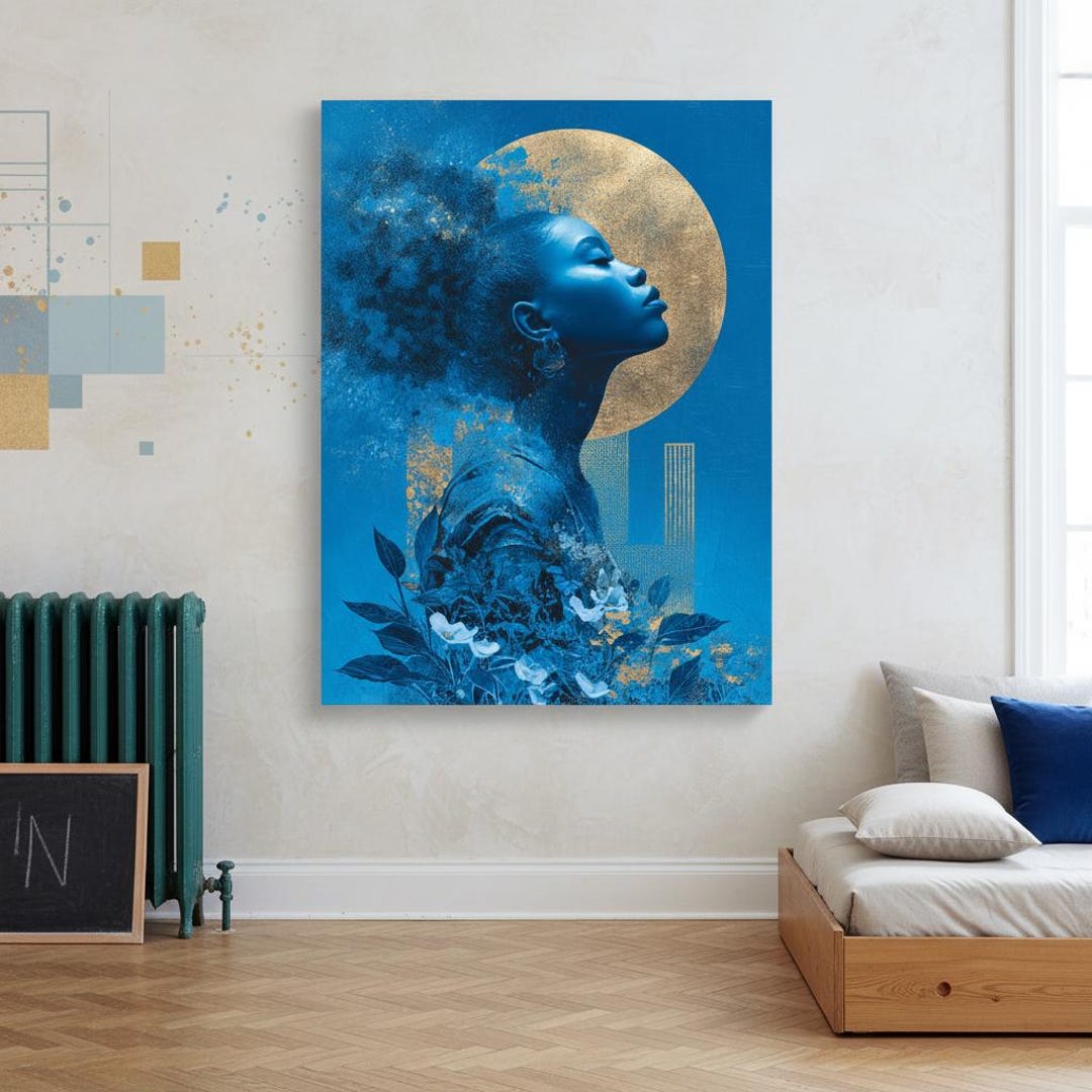 Blue Woman Portrait Art Print – Golden Floral Abstract Wall Decor - Etsy