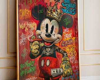 Lienzo impreso con grafiti de ratón urbano – Arte callejero pop, decoración hip hop