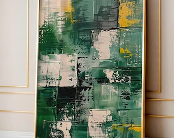 Lienzo abstracto verde esmeralda, decoración de pared minimalista moderna, pintura vertical grande en tonos bosque para sala de estar u oficina en casa.