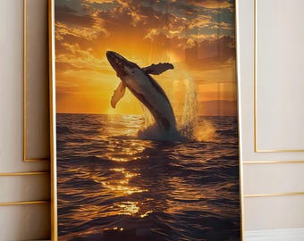 Wal bei Sonnenuntergang Druck - Leaping Ocean Seascape Wall Art