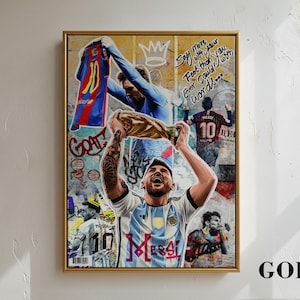 Football Champion Argentina Champion Canvas Art, Soccer Legend Wall Decor Poster Canvas Framed Gold