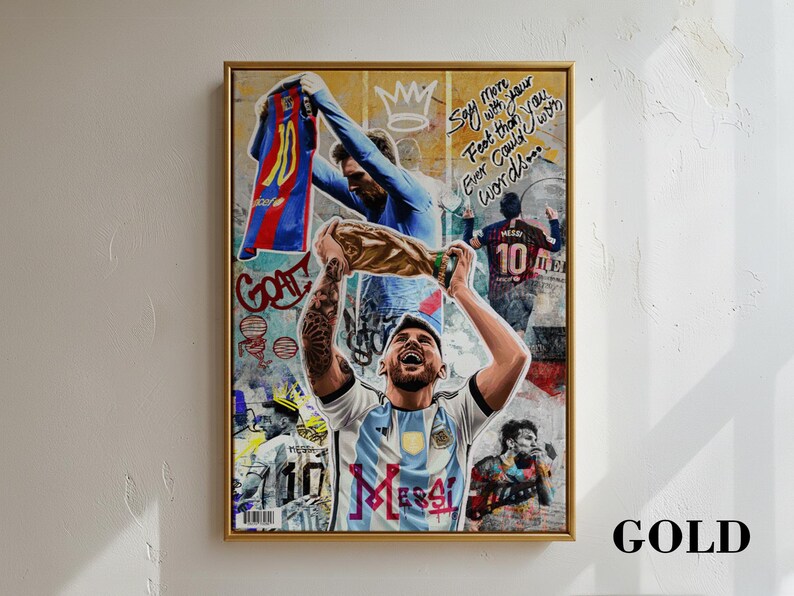 Football Champion Argentina Champion Canvas Art, Soccer Legend Wall Decor Poster Canvas Framed Gold