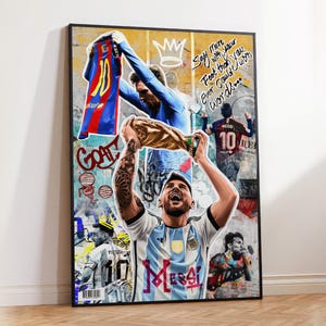 Vibrant street-style artwork of Messi in Argentina colors