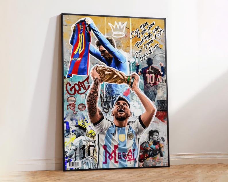 Vibrant street-style artwork of Messi in Argentina colors