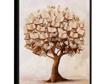 Tree of Knowledge Canvas Art – Abstract Book Tree, Educational Decor