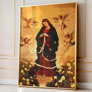 May include: A painting of the Virgin Mary, depicted in a blue and red robe, holding a white rope in her hands. She is surrounded by four angels with wings, all against a golden background.