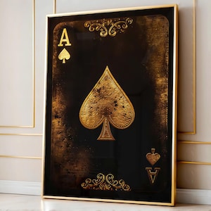 Lienzo de póker con el As de Picas Dorado: Arte mural de cartas de lujo / Decoración para el éxito / Obra de arte motivacional sobre el juego de oro