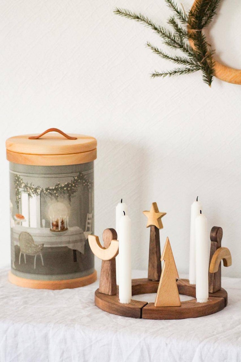 Christmas wooden candlestick holder for Advent candles with angels