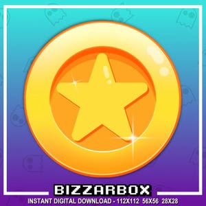 Könnte beinhalten: Eine goldene Münze mit einem gelben fünfzackigen Stern in der Mitte. Die Münze hat einen erhöhten Rand und eine glänzende, metallische Oberfläche. Der Text "BIZZARBOX" ist in pixeligen Buchstaben unter der Münze gedruckt. Der Text "INSTANT DIGITAL DOWNLOAD - 112X112 56X56 28X28" ist unter dem Text "BIZZARBOX" gedruckt.