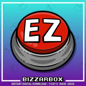 May include: A red button with a white "EZ" on it. The button is surrounded by a gray metal ring. The background is a gradient of blue and purple.