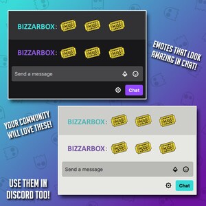 Op de afbeelding: Screenshot van een computerscherm met een chatinterface met de tekst "BIZZARBOX" en verschillende geanimeerde emoji's van een gouden ticket met het woord "HUGS" erop. De tekst "EMOTES THAT LOOK AMAZING IN CHAT!" wordt weergegeven in een spraakballon. De tekst "YOUR COMMUNITY WILL LOVE THESE!" en "USE THEM IN DISCORD TOO!" wordt weergegeven in de linkerbenedenhoek en rechterbenedenhoek van het scherm.