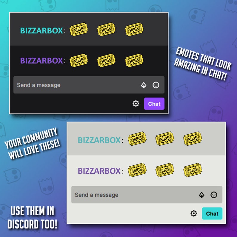 Op de afbeelding: Screenshot van een computerscherm met een chatinterface met de tekst "BIZZARBOX" en verschillende geanimeerde emoji's van een gouden ticket met het woord "HUGS" erop. De tekst "EMOTES THAT LOOK AMAZING IN CHAT!" wordt weergegeven in een spraakballon. De tekst "YOUR COMMUNITY WILL LOVE THESE!" en "USE THEM IN DISCORD TOO!" wordt weergegeven in de linkerbenedenhoek en rechterbenedenhoek van het scherm.